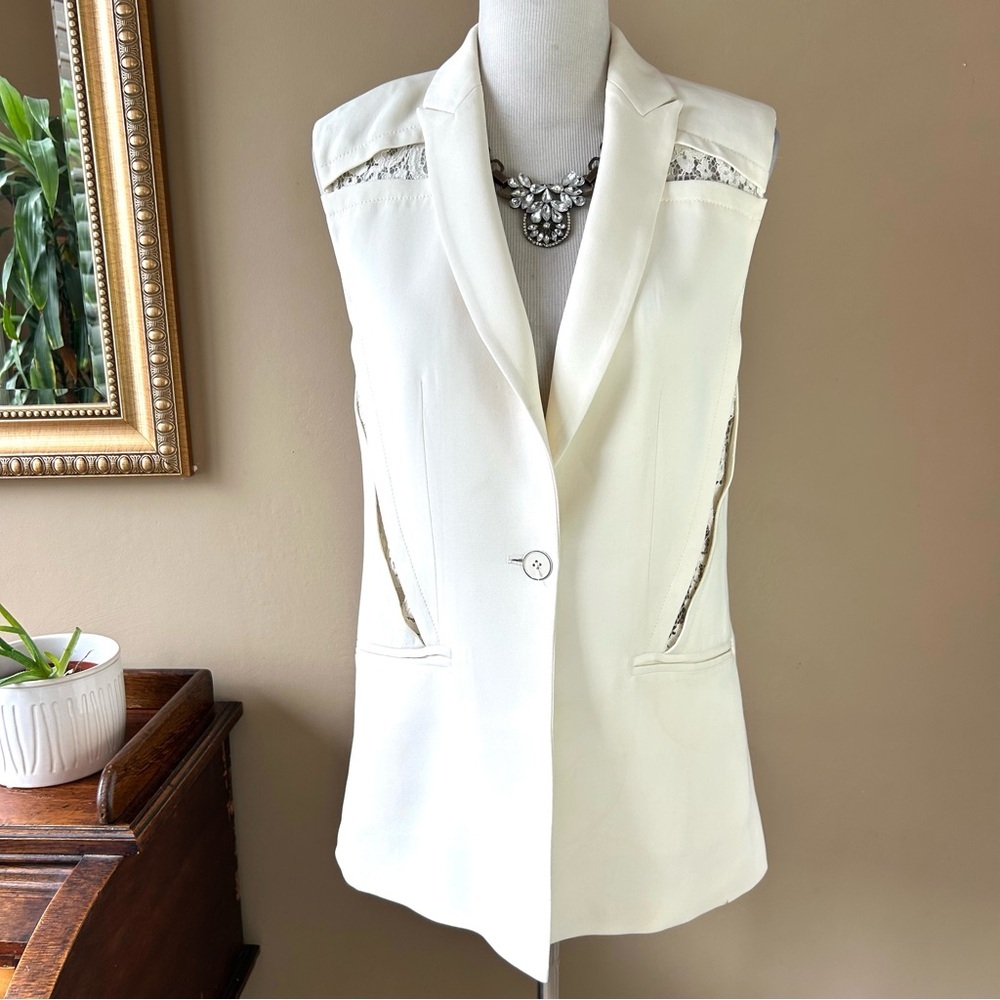 Rebecca Taylor Long White Suiting Vest Sleeveless Blazer Lace Trim Size 4